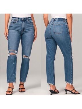 Abercrombie & Fitch The Mom High-Rise Distressed Straight Jeans - Blue
